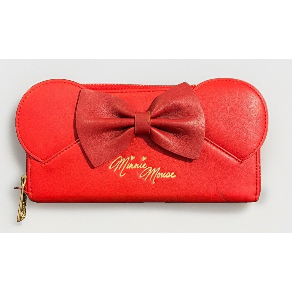 Loungefly Minnie Mouse Disney Red Ears Bow Wallet Gold Zip Around Read